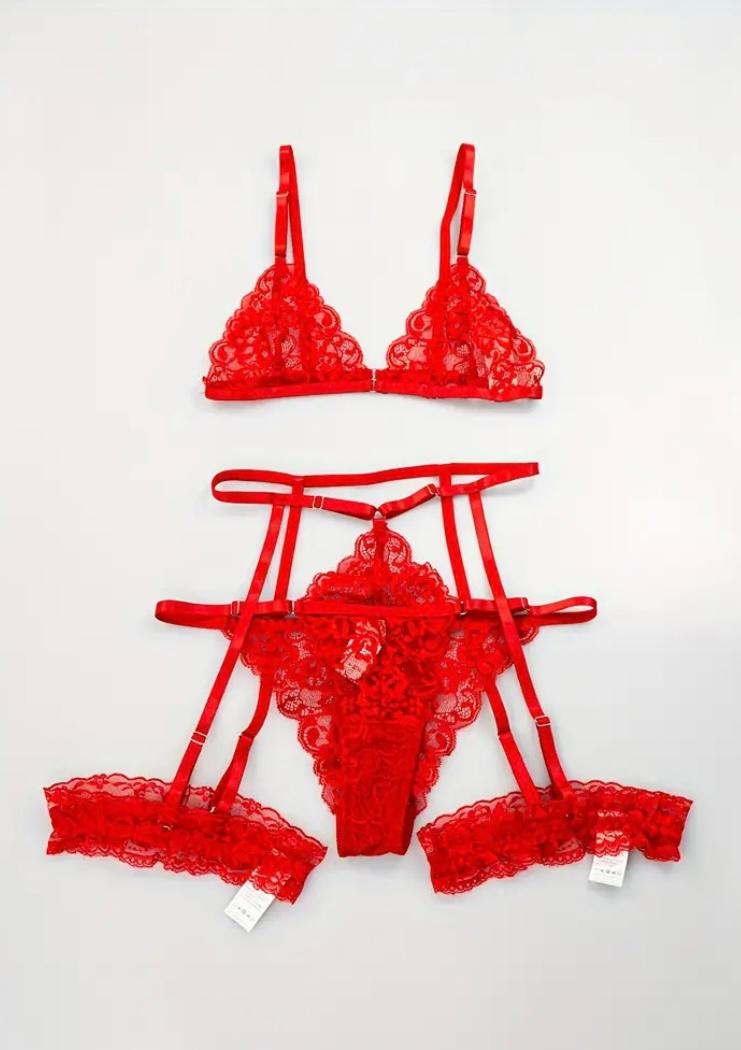 Conjunto de lencería de 3 piezas con tirantes y cordones (rojo)